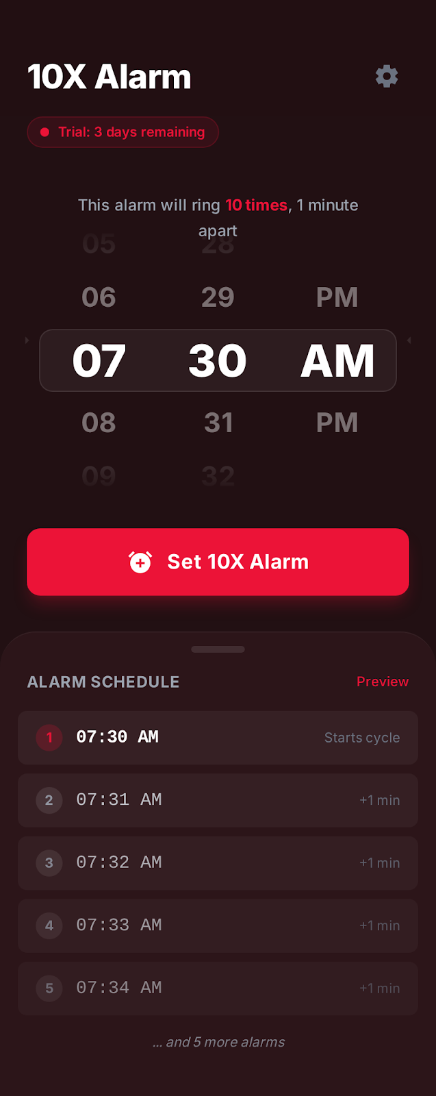 10XAlarm app interface